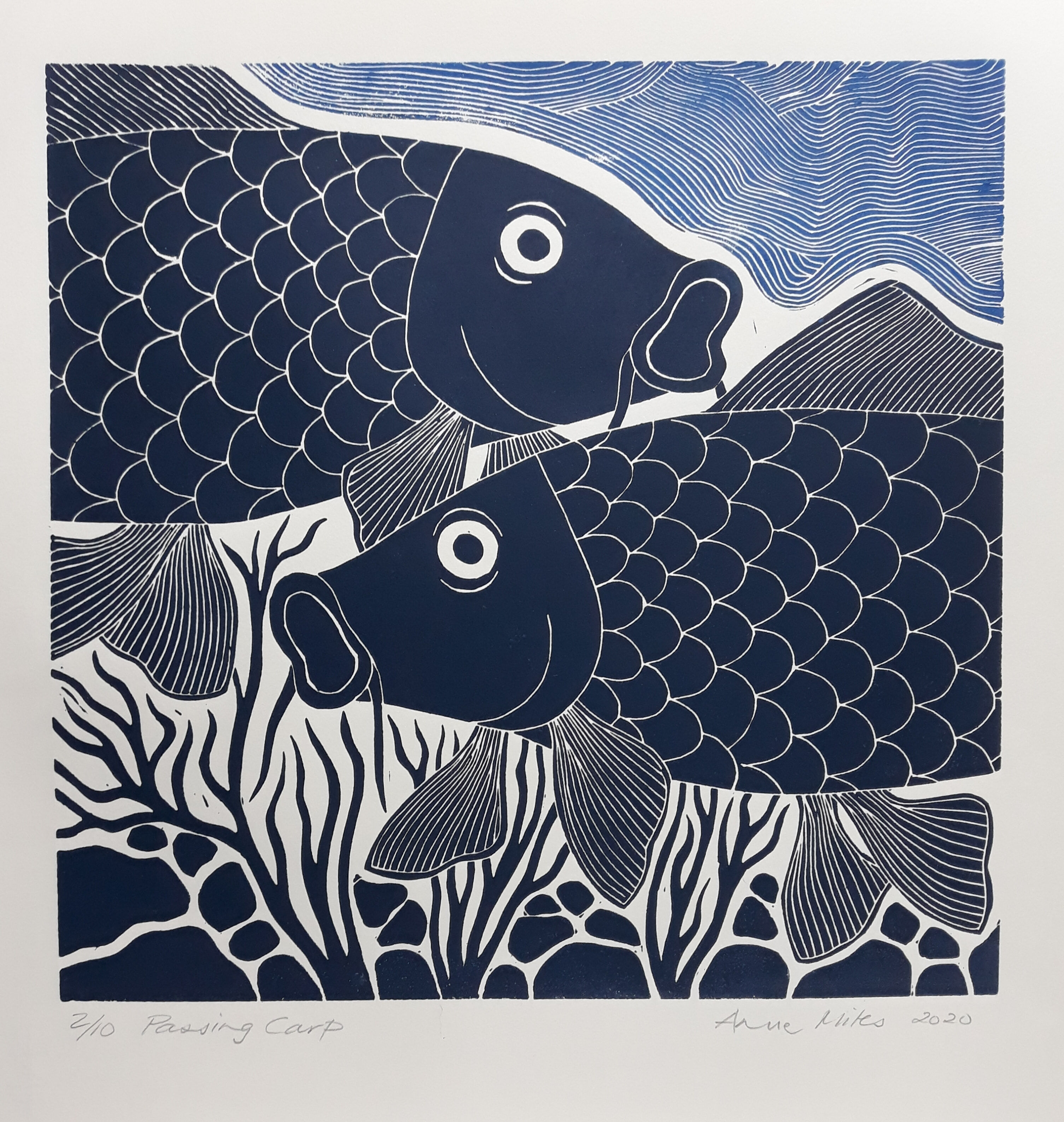 PASSING CARP - Linocut 30 x 30cms - Anne Miles