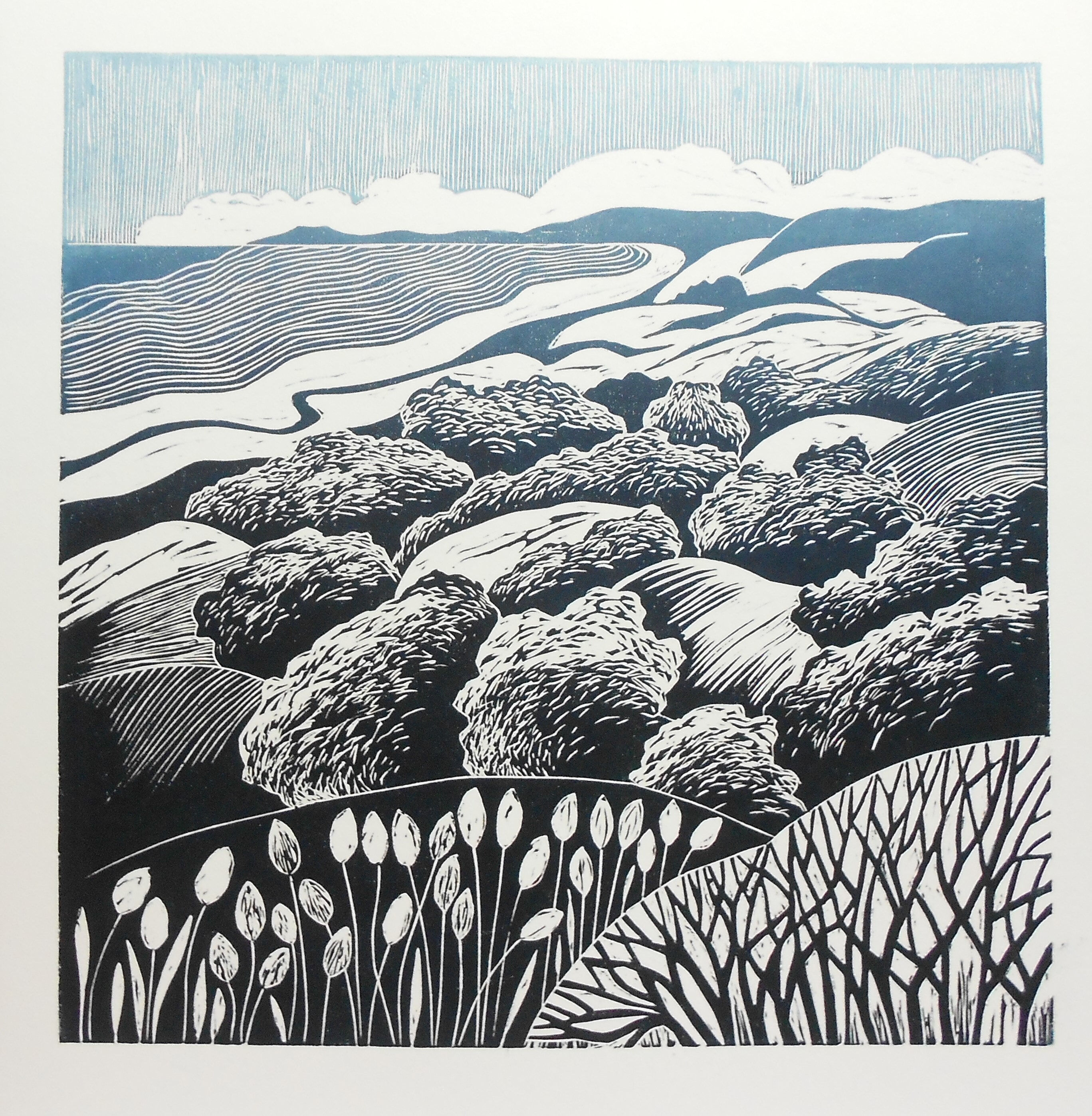 RUGGED SHORE - Linocut - 30 X 30cms -  Anne Miles 2019