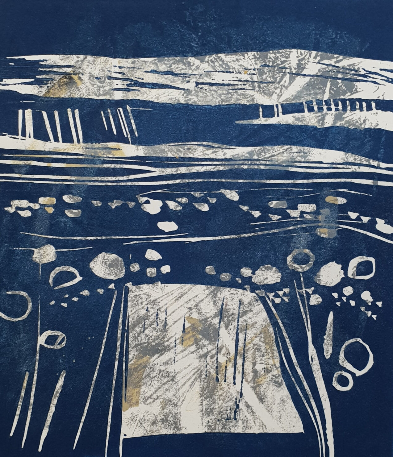Diana Wiseman -Blue Earth -Linocut over monoprint- 18x20cm